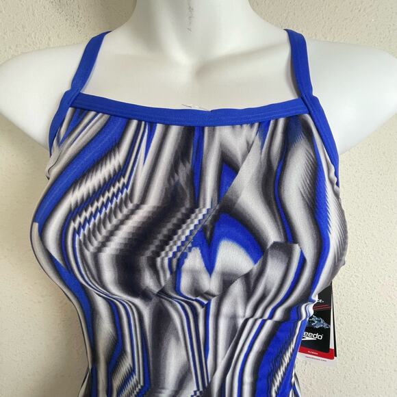 NWT Speedo Endurance+ Flyback One Piece Swimsuit Size 6/32 – Blue Gray White - Picture 2 of 9